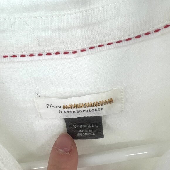 Pilcro by Anthropologie White Linen Blend Tuxedo Ruffle Button Down Blouse XS - Picture 3 of 5